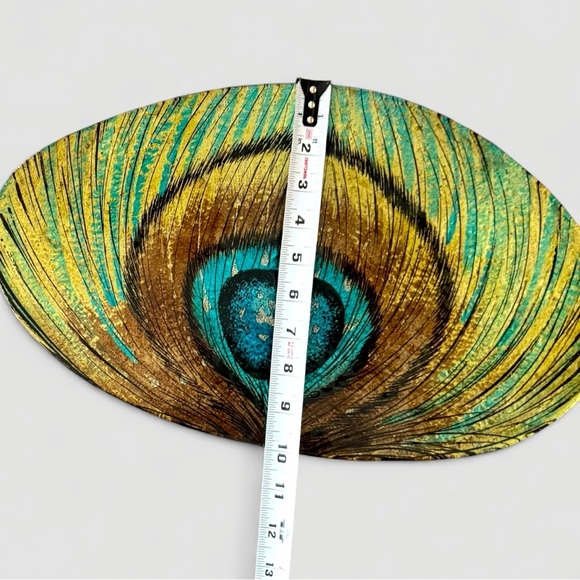 Hand-Painted Peacock Feather Decorative Glass Display Platter 16.5” x 10” Oval - Picture 3 of 4